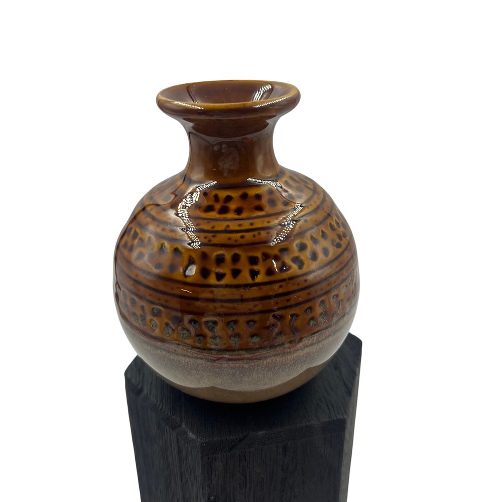 Vintage Handmade Brown Glazed Pottery Bud Vase Textured Earth Tone Ceramic